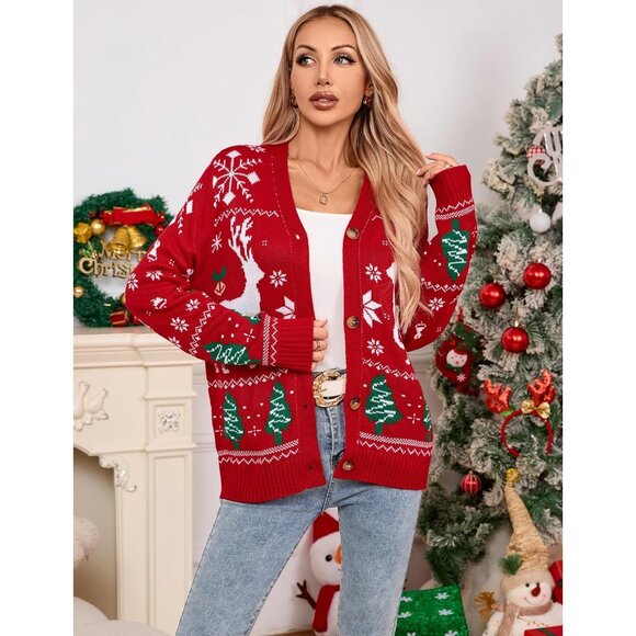 Women's Ugly Christmas Sweater Animal Tree Knit Cardigan Open Front Small - Picture 3 of 9
